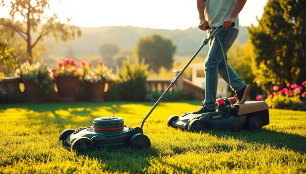 An idyllic backyard scene with a person mowing a lush, verdant lawn on a sunny day. Warm, diffused lighting bathes the scene, casting soft shadows. The mower operator is in the foreground, their posture upright and their stride purposeful, conveying the physical benefits of this activity. In the middle ground, the lawn is neatly trimmed, highlighting the sense of accomplishment and well-being. The background features a picturesque landscape, perhaps with trees, flowers, or a tranquil garden, evoking a peaceful, restorative atmosphere. The overall composition emphasizes the holistic benefits of lawn mowing as a form of exercise - physical, mental, and environmental. An idyllic backyard scene with a person mowing a lush, verdant lawn on a sunny day. Warm, diffused lighting bathes the scene, casting soft shadows. The mower operator is in the foreground, their posture upright and their stride purposeful, conveying the physical benefits of this activity. In the middle ground, the lawn is neatly trimmed, highlighting the sense of accomplishment and well-being. The background features a picturesque landscape, perhaps with trees, flowers, or a tranquil garden, evoking a peaceful, restorative atmosphere. The overall composition emphasizes the holistic benefits of lawn mowing as a form of exercise - physical, mental, and environmental.
