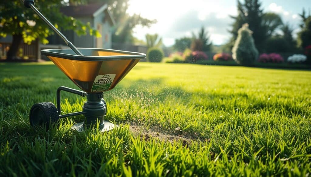 Lush green lawn, freshly mowed, with soil slightly loosened and aerated, ready to absorb the granular fertilizer. In the foreground, a hand-held broadcast spreader evenly dispersing the nutrient-rich pellets across the grass. Dappled sunlight filters through wispy clouds, casting a warm, natural glow. In the background, a well-maintained garden shed and a flourishing flower border, hinting at a well-tended, thriving landscape. The scene exudes a sense of order, anticipation, and the promise of a lush, healthy lawn to come. Lush green lawn, freshly mowed, with soil slightly loosened and aerated, ready to absorb the granular fertilizer. In the foreground, a hand-held broadcast spreader evenly dispersing the nutrient-rich pellets across the grass. Dappled sunlight filters through wispy clouds, casting a warm, natural glow. In the background, a well-maintained garden shed and a flourishing flower border, hinting at a well-tended, thriving landscape. The scene exudes a sense of order, anticipation, and the promise of a lush, healthy lawn to come.