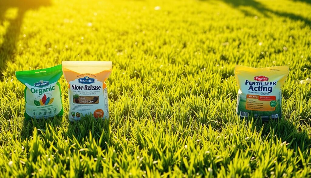 Verdant lawn, sun-dappled and lush, sets the stage. In the foreground, an array of fertilizer bags - organic, slow-release, and quick-acting - stand as testaments to the diverse options. Backlit by a warm, golden glow, the bags cast subtle shadows, inviting closer inspection. The middle ground features meticulously manicured grass, its blades glistening with the promise of nourishment. A crisp, shallow depth of field draws the eye to the focal point, where the fertilizer types are showcased in a visually striking manner. The overall atmosphere is one of thoughtful consideration, guiding the viewer towards the essential decision of when to mow after applying lawn care products. Verdant lawn, sun-dappled and lush, sets the stage. In the foreground, an array of fertilizer bags - organic, slow-release, and quick-acting - stand as testaments to the diverse options. Backlit by a warm, golden glow, the bags cast subtle shadows, inviting closer inspection. The middle ground features meticulously manicured grass, its blades glistening with the promise of nourishment. A crisp, shallow depth of field draws the eye to the focal point, where the fertilizer types are showcased in a visually striking manner. The overall atmosphere is one of thoughtful consideration, guiding the viewer towards the essential decision of when to mow after applying lawn care products.