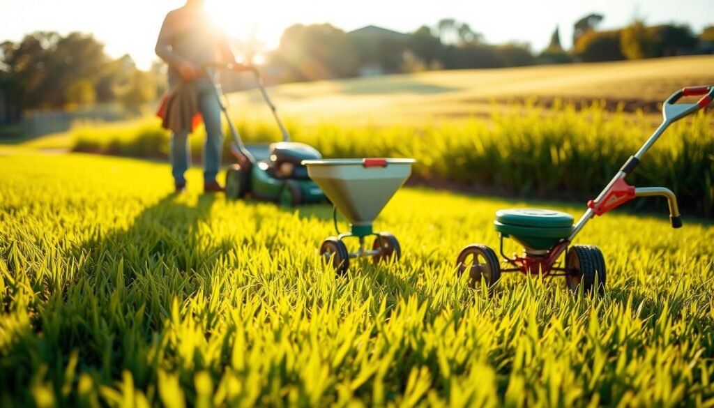 Vibrant lawn with meticulously trimmed blades, backlit by warm afternoon sunlight. In the foreground, a skilled groundskeeper examines the turf, gauging optimal mowing and fertilizing timing. Midground showcases a range of specialized lawn care tools - mower, spreader, aerator - each poised for precise, expert application. The background reveals a lush, verdant landscape, hinting at the transformative power of these timing techniques. Crisp, cinematic composition with a shallow depth of field, emphasizing the importance of these expert methods. Vibrant lawn with meticulously trimmed blades, backlit by warm afternoon sunlight. In the foreground, a skilled groundskeeper examines the turf, gauging optimal mowing and fertilizing timing. Midground showcases a range of specialized lawn care tools - mower, spreader, aerator - each poised for precise, expert application. The background reveals a lush, verdant landscape, hinting at the transformative power of these timing techniques. Crisp, cinematic composition with a shallow depth of field, emphasizing the importance of these expert methods.