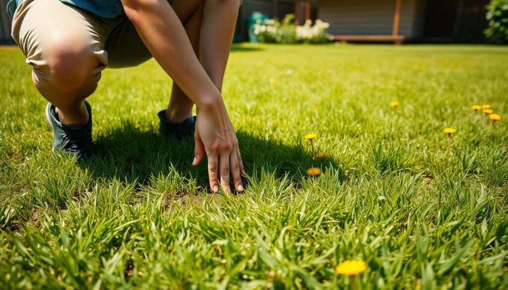 A backyard lawn on a sunny day, with a person crouched down, gently pressing their hand into the soil to assess the moisture content. The grass is a lush, verdant green, with a few scattered dandelions adding pops of yellow. The person is wearing casual gardening attire, their face focused as they evaluate the soil's texture and dampness. In the background, a garden shed or fence is visible, providing a sense of context. The lighting is warm and natural, casting soft shadows that add depth and dimension to the scene. The overall atmosphere is one of a peaceful, contemplative moment, capturing the essential process of understanding a lawn's moisture conditions before mowing. A backyard lawn on a sunny day, with a person crouched down, gently pressing their hand into the soil to assess the moisture content. The grass is a lush, verdant green, with a few scattered dandelions adding pops of yellow. The person is wearing casual gardening attire, their face focused as they evaluate the soil's texture and dampness. In the background, a garden shed or fence is visible, providing a sense of context. The lighting is warm and natural, casting soft shadows that add depth and dimension to the scene. The overall atmosphere is one of a peaceful, contemplative moment, capturing the essential process of understanding a lawn's moisture conditions before mowing.