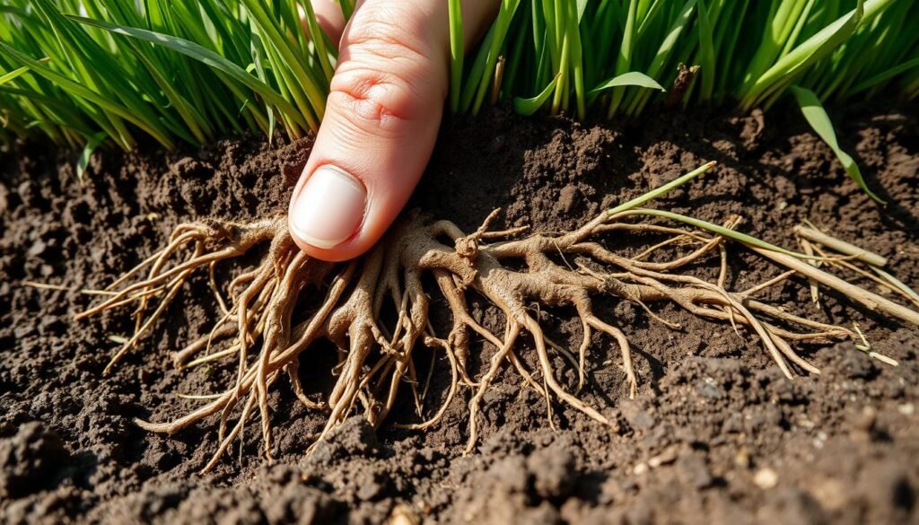A close-up view of a freshly laid sod lawn, with a person's hand carefully inspecting the root system. The soil is moist and dark, providing a rich, earthy backdrop. The sod's grass blades are lush and vibrant, contrasting with the exposed roots that are beginning to take hold in the new environment. The lighting is natural, with soft, diffused sunlight highlighting the intricate structures of the roots as they spread and establish themselves. The perspective is angled to showcase the depth and progress of the root development, allowing for a comprehensive assessment of the sod's readiness for mowing. A close-up view of a freshly laid sod lawn, with a person's hand carefully inspecting the root system. The soil is moist and dark, providing a rich, earthy backdrop. The sod's grass blades are lush and vibrant, contrasting with the exposed roots that are beginning to take hold in the new environment. The lighting is natural, with soft, diffused sunlight highlighting the intricate structures of the roots as they spread and establish themselves. The perspective is angled to showcase the depth and progress of the root development, allowing for a comprehensive assessment of the sod's readiness for mowing.