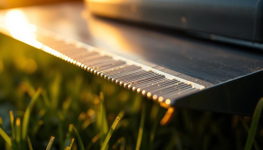 A close-up view of a freshly sharpened lawn mower blade, gleaming under warm, directional lighting. The blade's edge is razor-sharp, with tiny, uniform serrations reflecting the light. The blade appears sturdy and well-maintained, ready to smoothly slice through the newly grown grass. The background is blurred, placing the focus entirely on the blade's cutting edge and its pristine condition, conveying the importance of proper lawn mower maintenance for a well-manicured lawn. A close-up view of a freshly sharpened lawn mower blade, gleaming under warm, directional lighting. The blade's edge is razor-sharp, with tiny, uniform serrations reflecting the light. The blade appears sturdy and well-maintained, ready to smoothly slice through the newly grown grass. The background is blurred, placing the focus entirely on the blade's cutting edge and its pristine condition, conveying the importance of proper lawn mower maintenance for a well-manicured lawn.