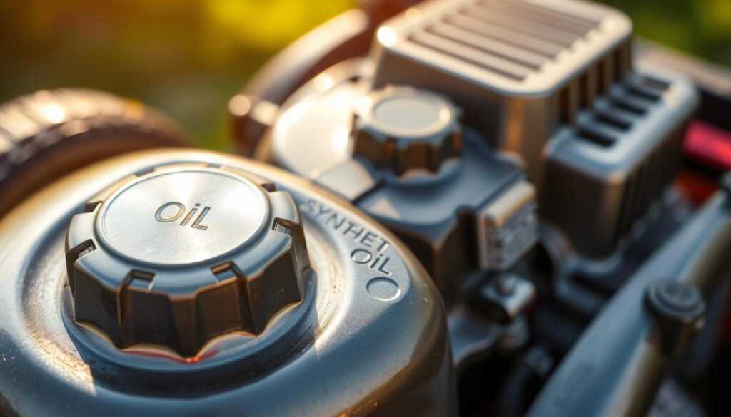 A close-up view of a synthetic oil lawn mower engine, with its metal casing gleaming under warm, natural lighting. The engine appears well-maintained, its components meticulously arranged. The foreground showcases the oil fill cap, its surface reflecting the surrounding environment. The middle ground reveals the engine's intricate design, with visible pistons, valves, and other moving parts. The background subtly blurs, drawing the focus to the engine's central role. The overall scene conveys a sense of efficiency, reliability, and the potential benefits of using synthetic oil in a lawn mower.