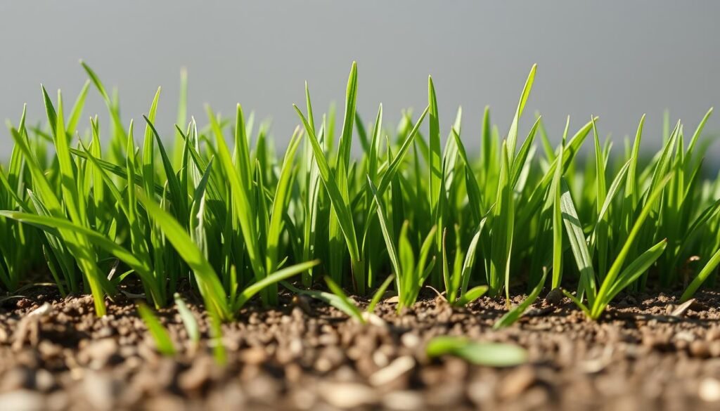 A close-up view of new grass seedlings, their delicate blades just peeking out from the soil. The vibrant green of the grass contrasts against a neutral background, inviting the viewer to focus on the precise measurement of the grass height. Soft, natural lighting illuminates the scene, casting gentle shadows that accentuate the texture and structure of the grass. The camera angle is slightly elevated, providing a clear and detailed perspective on the measurement process. The overall mood is one of precision and attention to detail, reflecting the importance of understanding the right timing for mowing after overseeding. A close-up view of new grass seedlings, their delicate blades just peeking out from the soil. The vibrant green of the grass contrasts against a neutral background, inviting the viewer to focus on the precise measurement of the grass height. Soft, natural lighting illuminates the scene, casting gentle shadows that accentuate the texture and structure of the grass. The camera angle is slightly elevated, providing a clear and detailed perspective on the measurement process. The overall mood is one of precision and attention to detail, reflecting the importance of understanding the right timing for mowing after overseeding.
