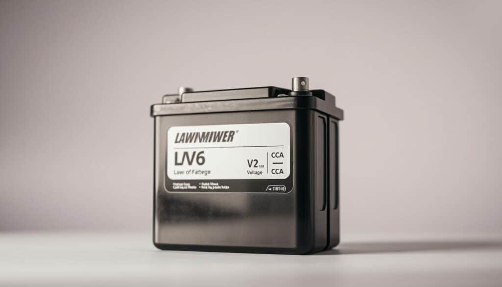 A close-up, well-lit photograph of a lawn mower battery, showcasing its voltage and cold cranking amps (CCA) specifications. The battery is positioned in the center of the frame, with a clean, neutral background that allows the technical details to take center stage. The image has a crisp, high-resolution quality, capturing the battery's sleek design and the legibility of the printed labels. Subtle reflections and highlights enhance the overall visual interest, creating a professional and informative representation of the key battery specifications essential for powering a lawn mower.
