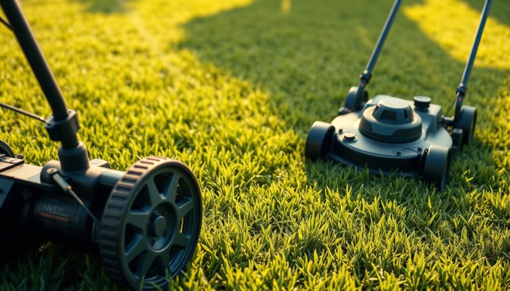 A comparison of a reel mower and a rotary mower on a lush, well-manicured Bermuda grass lawn. In the foreground, a detailed view of the reel mower's blades and its precision cutting mechanism, with the rotary mower's spinning blade visible in the middle ground. The background showcases the uniform, neatly trimmed lawn, highlighting the effectiveness of both mower types. Warm, natural lighting casts soft shadows, emphasizing the textures and contours of the grass. The scene conveys a sense of careful lawn care and the distinct advantages of each mower type for maintaining a healthy Bermuda grass lawn. A comparison of a reel mower and a rotary mower on a lush, well-manicured Bermuda grass lawn. In the foreground, a detailed view of the reel mower's blades and its precision cutting mechanism, with the rotary mower's spinning blade visible in the middle ground. The background showcases the uniform, neatly trimmed lawn, highlighting the effectiveness of both mower types. Warm, natural lighting casts soft shadows, emphasizing the textures and contours of the grass. The scene conveys a sense of careful lawn care and the distinct advantages of each mower type for maintaining a healthy Bermuda grass lawn.