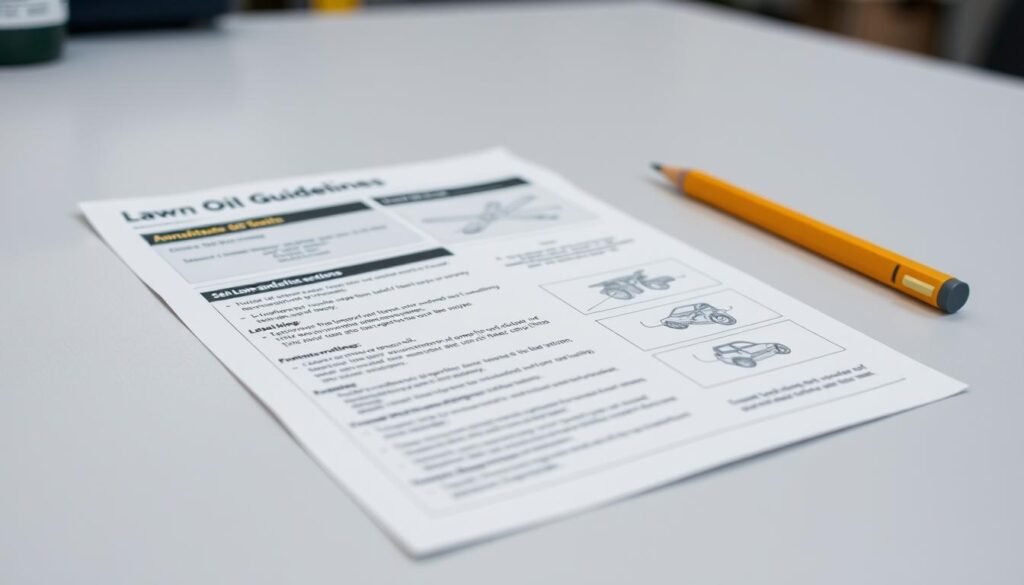 A crisp, well-lit image of a lawn mower oil manufacturer's guidelines and instructions. The guidelines are displayed on a clean, matte surface, perhaps a desk or workbench. The instructions are presented in a clear, legible typeface, with diagrams or illustrations highlighting key points. The lighting is soft and diffused, creating a professional, technical atmosphere. The angle showcases the guidelines in a natural, unobtrusive way, allowing the viewer to easily read and understand the content. The background is subtly blurred, keeping the focus on the guidelines themselves. A crisp, well-lit image of a lawn mower oil manufacturer's guidelines and instructions. The guidelines are displayed on a clean, matte surface, perhaps a desk or workbench. The instructions are presented in a clear, legible typeface, with diagrams or illustrations highlighting key points. The lighting is soft and diffused, creating a professional, technical atmosphere. The angle showcases the guidelines in a natural, unobtrusive way, allowing the viewer to easily read and understand the content. The background is subtly blurred, keeping the focus on the guidelines themselves.