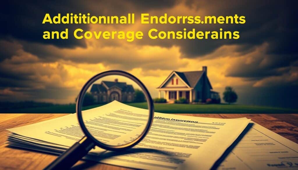 A detailed blueprint for an image showcasing "Additional Endorsements and Coverage Considerations" for homeowners insurance. In the foreground, a magnifying glass hovers over a stack of documents, highlighting the fine print and legal jargon. The middle ground features a cozy home surrounded by a lush lawn, alluding to potential risks. In the background, a cloudy sky casts a contemplative mood, emphasizing the importance of understanding the nuances of one's policy. Warm lighting illuminates the scene, creating a sense of thoughtful deliberation. The composition is balanced, drawing the viewer's eye to the key elements of additional coverage options and risk assessment. A detailed blueprint for an image showcasing "Additional Endorsements and Coverage Considerations" for homeowners insurance. In the foreground, a magnifying glass hovers over a stack of documents, highlighting the fine print and legal jargon. The middle ground features a cozy home surrounded by a lush lawn, alluding to potential risks. In the background, a cloudy sky casts a contemplative mood, emphasizing the importance of understanding the nuances of one's policy. Warm lighting illuminates the scene, creating a sense of thoughtful deliberation. The composition is balanced, drawing the viewer's eye to the key elements of additional coverage options and risk assessment.
