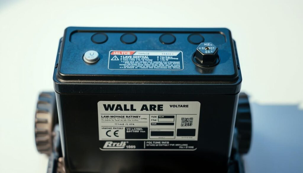 A detailed close-up photograph of a lawn mower battery, showcasing the voltage rating labels on its surface. The battery is positioned in the center of the frame, with a clean, well-lit background that enhances the clarity and legibility of the technical information. The lighting is soft and even, casting subtle shadows that accentuate the battery's textures and contours. The camera angle is slightly elevated, providing an unobstructed view of the battery's top surface and terminals. The focus is sharp, ensuring that the voltage ratings and any other relevant details are crisp and easily readable. The overall mood is informative and technical, conveying the importance of understanding the power specifications of lawn mower batteries. A detailed close-up photograph of a lawn mower battery, showcasing the voltage rating labels on its surface. The battery is positioned in the center of the frame, with a clean, well-lit background that enhances the clarity and legibility of the technical information. The lighting is soft and even, casting subtle shadows that accentuate the battery's textures and contours. The camera angle is slightly elevated, providing an unobstructed view of the battery's top surface and terminals. The focus is sharp, ensuring that the voltage ratings and any other relevant details are crisp and easily readable. The overall mood is informative and technical, conveying the importance of understanding the power specifications of lawn mower batteries.