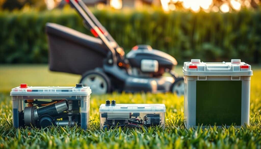 A detailed comparison of three lawn mower battery technologies: lead-acid, lithium-ion, and LiFePO4. In the foreground, three battery packs of varying sizes and shapes are displayed side-by-side, their internal components visible through transparent casings. The middle ground features a well-lit lawn mower, its engine and components clearly visible. In the background, a serene, lush green lawn extends, with a warm, natural lighting illuminating the scene. The overall atmosphere conveys a sense of technical precision, environmental harmony, and the advancement of sustainable lawn care solutions.