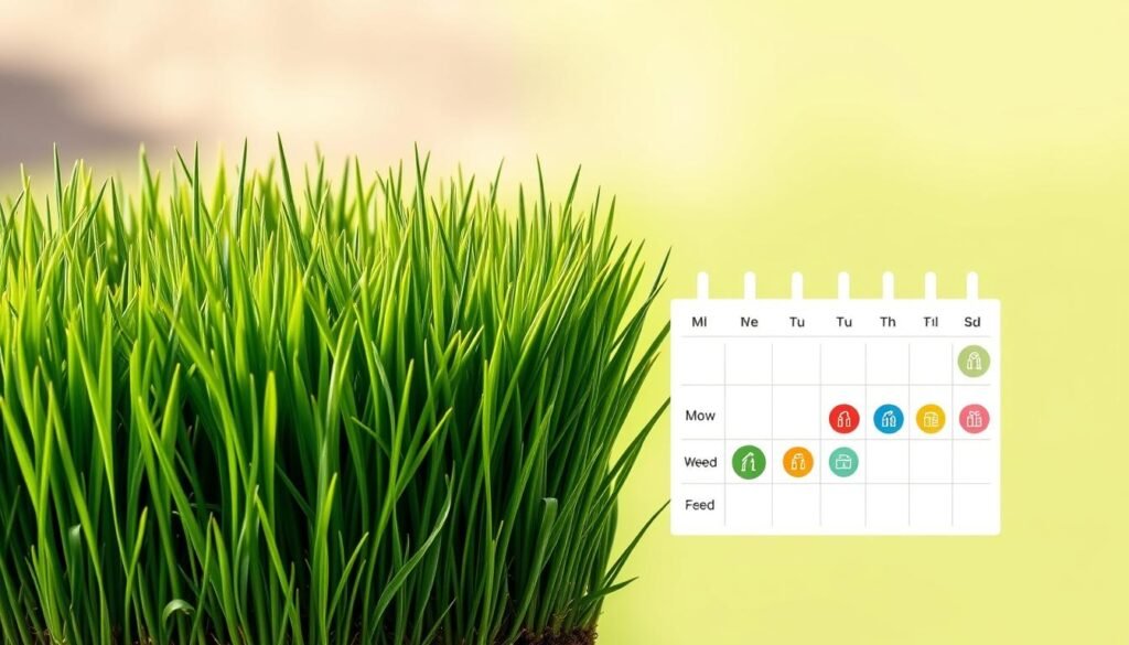 A detailed lawn care timing schedule for mowing and weed feed, presented on a clean, minimalistic background. In the foreground, a well-manicured lawn with lush, vibrant green grass, neatly trimmed to an optimal height. In the middle ground, a calendar grid overlaid with icons representing mowing and weed feed schedules, color-coded for clarity. The background features a soft, blurred gradient in soothing earth tones, creating a sense of balance and professionalism. The lighting is natural and diffused, highlighting the crisp details of the lawn and the legible calendar layout. The overall composition conveys a sense of organization, efficiency, and practical guidance for homeowners seeking to maintain a healthy, well-cared-for lawn. A detailed lawn care timing schedule for mowing and weed feed, presented on a clean, minimalistic background. In the foreground, a well-manicured lawn with lush, vibrant green grass, neatly trimmed to an optimal height. In the middle ground, a calendar grid overlaid with icons representing mowing and weed feed schedules, color-coded for clarity. The background features a soft, blurred gradient in soothing earth tones, creating a sense of balance and professionalism. The lighting is natural and diffused, highlighting the crisp details of the lawn and the legible calendar layout. The overall composition conveys a sense of organization, efficiency, and practical guidance for homeowners seeking to maintain a healthy, well-cared-for lawn.