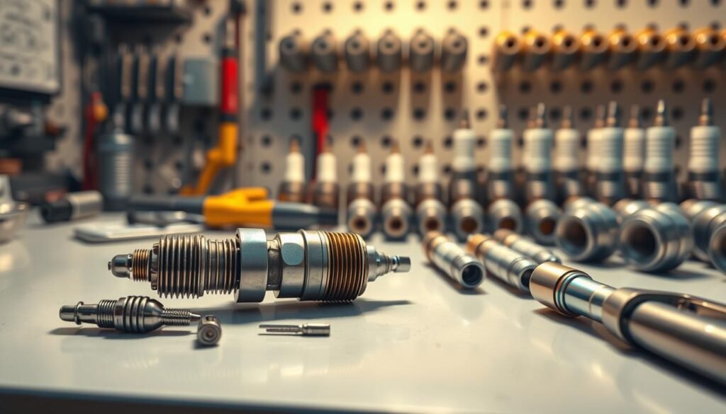 A detailed technical illustration of spark plug maintenance, showcased on a clean, well-lit workbench. In the foreground, a disassembled spark plug, its components laid out methodically. The middle ground features various spark plug maintenance tools, including wire brushes, gapping tools, and a spark plug socket wrench. In the background, an organized array of new spark plugs, highlighting the process of replacement. The scene is bathed in warm, natural lighting, creating a sense of precision and professionalism, suitable for a step-by-step maintenance guide. A detailed technical illustration of spark plug maintenance, showcased on a clean, well-lit workbench. In the foreground, a disassembled spark plug, its components laid out methodically. The middle ground features various spark plug maintenance tools, including wire brushes, gapping tools, and a spark plug socket wrench. In the background, an organized array of new spark plugs, highlighting the process of replacement. The scene is bathed in warm, natural lighting, creating a sense of precision and professionalism, suitable for a step-by-step maintenance guide.