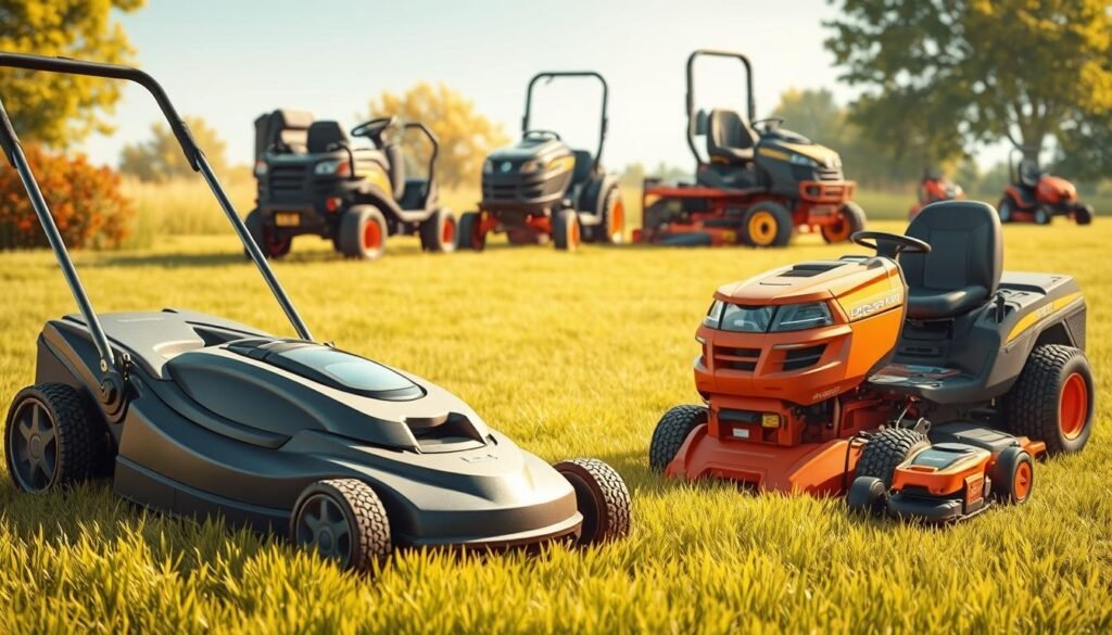 A high-quality, detailed illustration of various essential mower types for efficient lawn care, arranged in a well-composed scene. In the foreground, a classic push lawn mower and a robotic autonomous mower side by side, their sleek designs and precise mechanisms prominently featured. In the middle ground, a powerful ride-on mower and a compact electric mower, showcasing their versatility and maneuverability. In the background, a large commercial zero-turn mower and a small hover mower, demonstrating the diverse range of lawn maintenance equipment. The scene is illuminated by warm, natural sunlight, casting soft shadows and highlighting the textures and materials of the mowers. The overall mood is one of professionalism, efficiency, and a focus on the essential tools for well-maintained lawns. A high-quality, detailed illustration of various essential mower types for efficient lawn care, arranged in a well-composed scene. In the foreground, a classic push lawn mower and a robotic autonomous mower side by side, their sleek designs and precise mechanisms prominently featured. In the middle ground, a powerful ride-on mower and a compact electric mower, showcasing their versatility and maneuverability. In the background, a large commercial zero-turn mower and a small hover mower, demonstrating the diverse range of lawn maintenance equipment. The scene is illuminated by warm, natural sunlight, casting soft shadows and highlighting the textures and materials of the mowers. The overall mood is one of professionalism, efficiency, and a focus on the essential tools for well-maintained lawns.