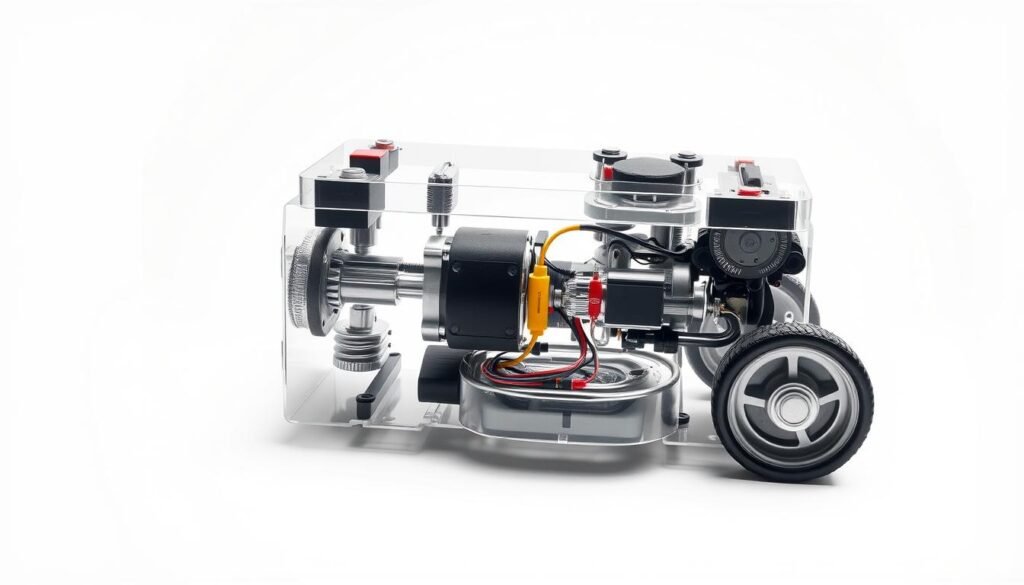 A high-quality image of a detailed cutaway diagram revealing the internal voltage system of a lawn mower battery. The diagram shows the battery cells, terminals, voltage regulators, and connections in a clear, technical style. The background is a neutral gray or white, allowing the diagram to be the focal point. The lighting is bright and even, creating clear shadows and highlights to emphasize the mechanical components. The camera angle is a slightly elevated three-quarter view, providing a comprehensive perspective of the battery's internal structure. The overall mood is one of informative clarity, suitable for an educational article on lawn mower battery voltages. A high-quality image of a detailed cutaway diagram revealing the internal voltage system of a lawn mower battery. The diagram shows the battery cells, terminals, voltage regulators, and connections in a clear, technical style. The background is a neutral gray or white, allowing the diagram to be the focal point. The lighting is bright and even, creating clear shadows and highlights to emphasize the mechanical components. The camera angle is a slightly elevated three-quarter view, providing a comprehensive perspective of the battery's internal structure. The overall mood is one of informative clarity, suitable for an educational article on lawn mower battery voltages.