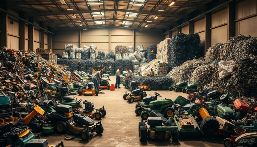 A large, well-lit recycling center for old lawn mowers, with a variety of discarded models scattered throughout the foreground. In the middle ground, a team of workers carefully disassembling and sorting the different components for proper recycling. The background features towering stacks of crushed metal and piles of shredded plastic, all neatly organized and ready for processing. The overall scene conveys a sense of efficiency and environmental responsibility, with a warm, industrial lighting that casts long shadows across the concrete floor.