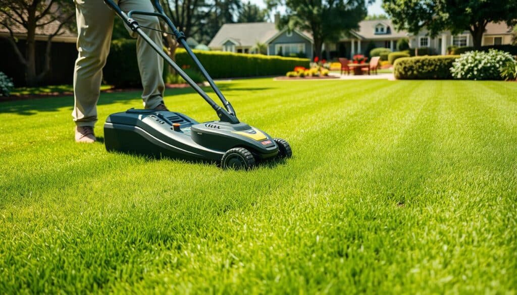 A lush, freshly laid sod lawn in natural daylight. In the foreground, a person in casual attire carefully mowing the grass with a modern, cordless electric lawn mower, maintaining an even, uniform cutting height. The mower's blades glide effortlessly through the soft, green turf, leaving behind perfectly parallel stripes. In the middle ground, the newly established sod shows vibrant, healthy growth, with individual grass blades standing upright. In the background, a picturesque suburban setting with mature trees and a well-maintained garden. The scene conveys a sense of tranquility, attention to detail, and the importance of proper mowing techniques for the successful establishment of new sod. A lush, freshly laid sod lawn in natural daylight. In the foreground, a person in casual attire carefully mowing the grass with a modern, cordless electric lawn mower, maintaining an even, uniform cutting height. The mower's blades glide effortlessly through the soft, green turf, leaving behind perfectly parallel stripes. In the middle ground, the newly established sod shows vibrant, healthy growth, with individual grass blades standing upright. In the background, a picturesque suburban setting with mature trees and a well-maintained garden. The scene conveys a sense of tranquility, attention to detail, and the importance of proper mowing techniques for the successful establishment of new sod.
