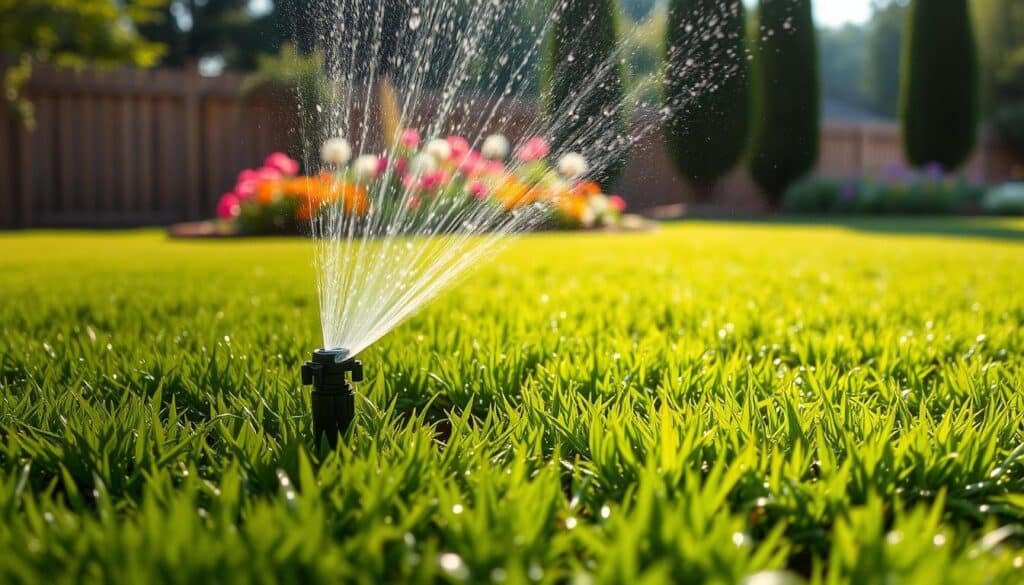 A lush, freshly overseeded lawn glistens in the afternoon sunlight, with water droplets sparkling on the newly sprouted grass. In the foreground, a lawn sprinkler system sprays a gentle mist over the verdant carpet, nourishing the delicate seedlings. The middle ground features a well-tended garden bed, its vibrant flowers and foliage providing a colorful contrast. In the background, a wooden fence and a few towering trees frame the scene, creating a sense of depth and tranquility. The overall atmosphere is one of care and renewal, as the homeowner diligently tends to the post-overseeding needs of their thriving lawn. A lush, freshly overseeded lawn glistens in the afternoon sunlight, with water droplets sparkling on the newly sprouted grass. In the foreground, a lawn sprinkler system sprays a gentle mist over the verdant carpet, nourishing the delicate seedlings. The middle ground features a well-tended garden bed, its vibrant flowers and foliage providing a colorful contrast. In the background, a wooden fence and a few towering trees frame the scene, creating a sense of depth and tranquility. The overall atmosphere is one of care and renewal, as the homeowner diligently tends to the post-overseeding needs of their thriving lawn.