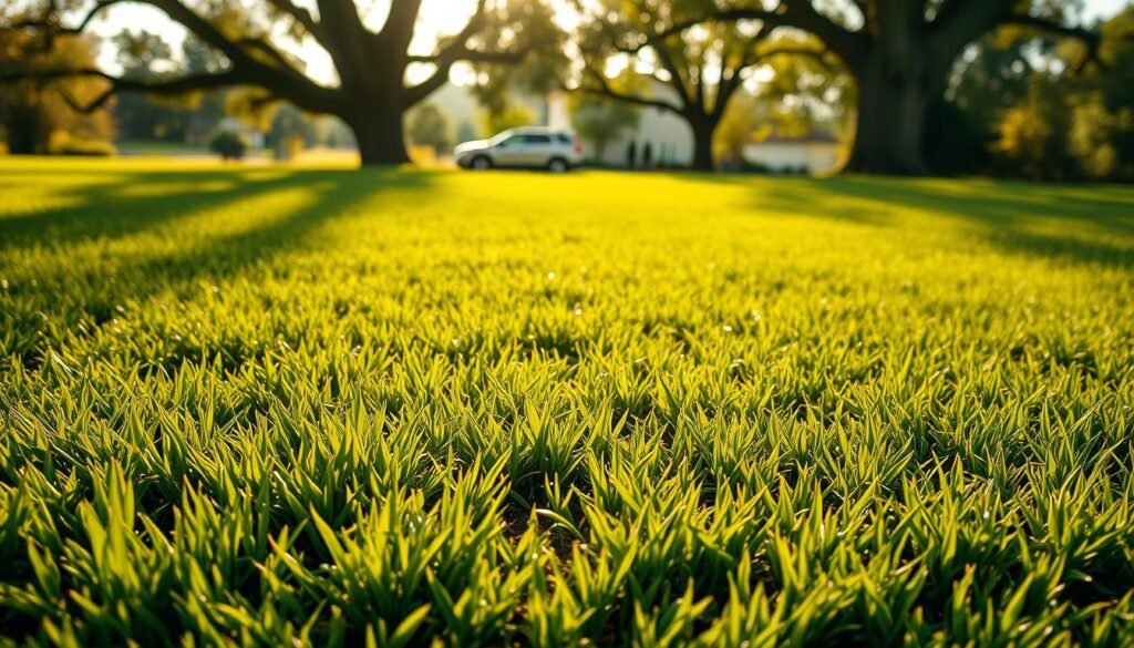 A lush, freshly seeded lawn stands in contrast to an established sod patch. In the foreground, delicate grass sprouts emerge from the soil, their vibrant green hues glistening under warm, golden sunlight. The middle ground showcases the mature sod, its thick, verdant blades creating a seamless carpet of lawn. Subtle undulations in the terrain accentuate the visual distinction between the two growth stages. In the background, a picturesque landscape unfolds, with towering trees casting soft, dappled shadows across the scene. The overall atmosphere conveys a sense of tranquility and the natural progression of a thriving outdoor space. A Sony A7R IV camera with a 24-70mm lens captures this botanical narrative in crisp, high-resolution detail. A lush, freshly seeded lawn stands in contrast to an established sod patch. In the foreground, delicate grass sprouts emerge from the soil, their vibrant green hues glistening under warm, golden sunlight. The middle ground showcases the mature sod, its thick, verdant blades creating a seamless carpet of lawn. Subtle undulations in the terrain accentuate the visual distinction between the two growth stages. In the background, a picturesque landscape unfolds, with towering trees casting soft, dappled shadows across the scene. The overall atmosphere conveys a sense of tranquility and the natural progression of a thriving outdoor space. A Sony A7R IV camera with a 24-70mm lens captures this botanical narrative in crisp, high-resolution detail.