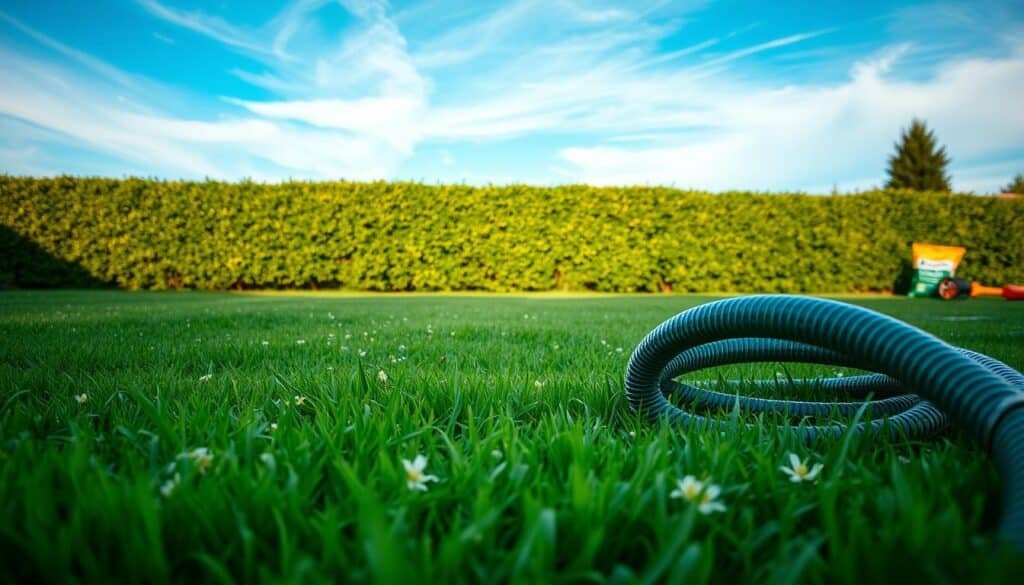 A lush green lawn after mowing, with freshly cut grass clippings scattered across the surface. In the foreground, a garden hose coiled neatly, ready to water the lawn. In the middle ground, a garden rake and a small bag of fertilizer, indicating post-mowing maintenance tasks. The background features a well-trimmed hedge and a vibrant blue sky with wispy clouds, creating a serene, picturesque scene. The lighting is soft and diffused, highlighting the rich, verdant hues of the lawn. The camera angle is slightly elevated, capturing a comprehensive view of the post-mowing lawn care activities. A lush green lawn after mowing, with freshly cut grass clippings scattered across the surface. In the foreground, a garden hose coiled neatly, ready to water the lawn. In the middle ground, a garden rake and a small bag of fertilizer, indicating post-mowing maintenance tasks. The background features a well-trimmed hedge and a vibrant blue sky with wispy clouds, creating a serene, picturesque scene. The lighting is soft and diffused, highlighting the rich, verdant hues of the lawn. The camera angle is slightly elevated, capturing a comprehensive view of the post-mowing lawn care activities.