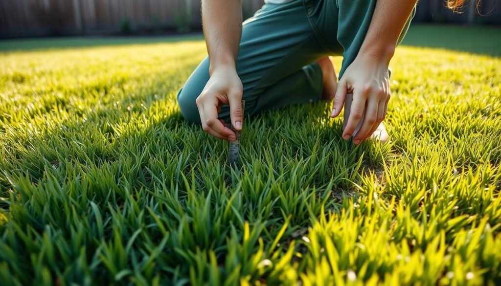 A lush, green lawn after overseeding, with a person in casual attire kneeling down and carefully measuring the height of the new grass using a ruler. The scene is illuminated by warm, natural sunlight, casting soft shadows and highlighting the vibrant hues of the freshly grown blades. The foreground focuses on the measurement process, while the background subtly suggests a well-maintained backyard setting, potentially with a few small garden features or a fence in the distance. The overall mood is one of diligence, care, and the satisfaction of nurturing a healthy, thriving lawn. A lush, green lawn after overseeding, with a person in casual attire kneeling down and carefully measuring the height of the new grass using a ruler. The scene is illuminated by warm, natural sunlight, casting soft shadows and highlighting the vibrant hues of the freshly grown blades. The foreground focuses on the measurement process, while the background subtly suggests a well-maintained backyard setting, potentially with a few small garden features or a fence in the distance. The overall mood is one of diligence, care, and the satisfaction of nurturing a healthy, thriving lawn.