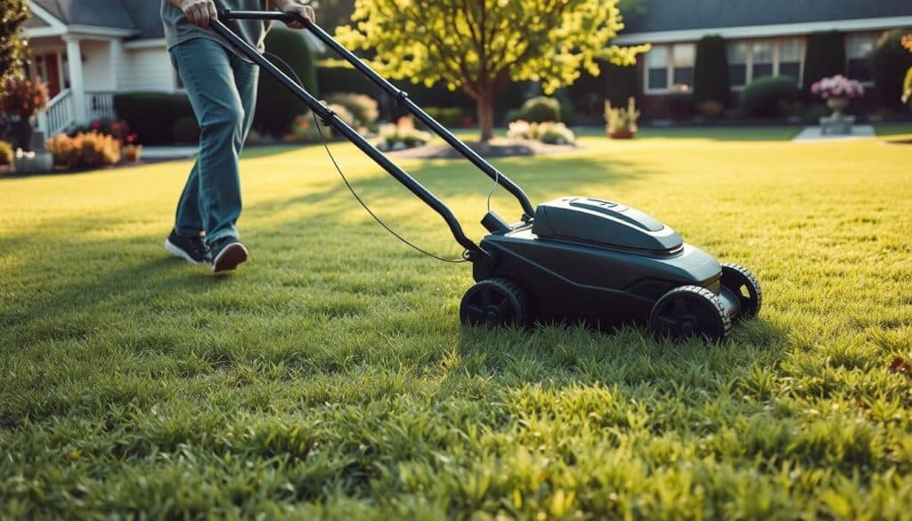 A lush, green lawn gently illuminated by soft, natural lighting. In the foreground, a person in casual attire carefully maneuvering a modern push mower, their movements precise and methodical. The mower's blades glide effortlessly over the newly overseeded grass, leaving behind a neatly trimmed and uniform surface. In the middle ground, patches of vibrant, emerging seedlings are visible, interspersed with the established grass. The background showcases a picturesque suburban setting, with a well-maintained garden and a few mature trees providing a serene, idyllic backdrop. The overall scene conveys a sense of care, attention, and the rewarding process of maintaining a healthy, thriving lawn after overseeding. A lush, green lawn gently illuminated by soft, natural lighting. In the foreground, a person in casual attire carefully maneuvering a modern push mower, their movements precise and methodical. The mower's blades glide effortlessly over the newly overseeded grass, leaving behind a neatly trimmed and uniform surface. In the middle ground, patches of vibrant, emerging seedlings are visible, interspersed with the established grass. The background showcases a picturesque suburban setting, with a well-maintained garden and a few mature trees providing a serene, idyllic backdrop. The overall scene conveys a sense of care, attention, and the rewarding process of maintaining a healthy, thriving lawn after overseeding.