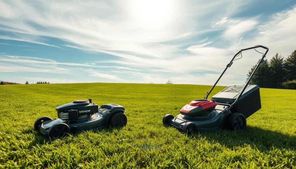 A lush, green lawn stretches out, the sun's rays filtering through wispy clouds. In the foreground, a sleek, modern power mower glides effortlessly, its powerful engine rumbling. Beside it, a classic push mower stands ready, its sturdy frame and manual operation a testament to its timeless design. The two mowers, representing the evolution of lawn care, stand in contrast, inviting the viewer to consider the differences in efficiency, effort, and environmental impact as they mow their own lawns. The scene is captured with a cinematic wide-angle lens, allowing the viewer to fully immerse themselves in the comparison of these two lawn-taming tools.
