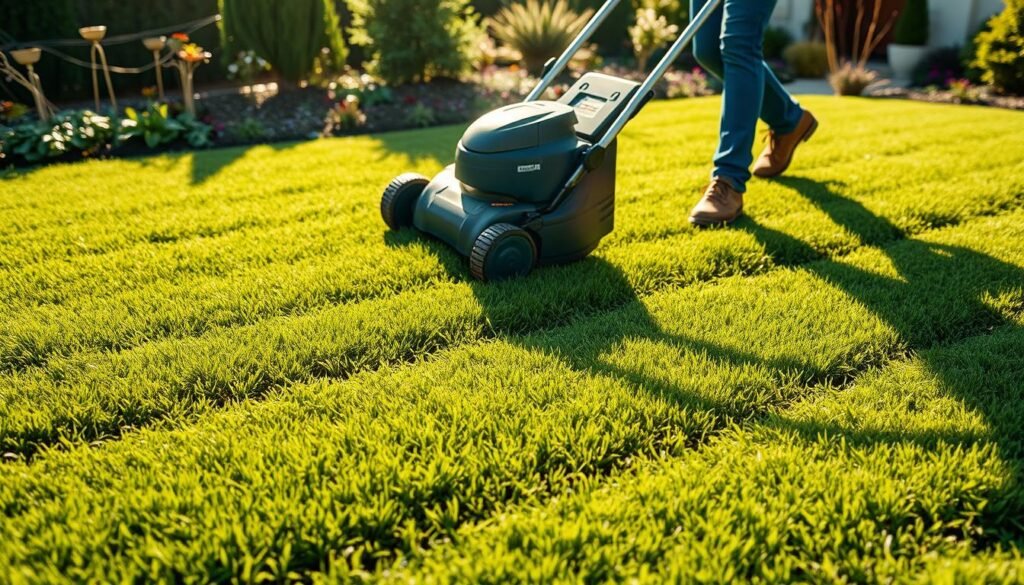 A lush green lawn, with newly laid sod glistening in the afternoon sun. In the foreground, a person expertly guiding a sleek, modern lawnmower, the blades precisely trimming the grass to an even, manicured height. The mower's wheels leave neat, parallel tracks across the surface, showcasing the proper technique of overlapping passes for optimal coverage. In the middle ground, the sod displays a healthy, vibrant color, indicating the proper mowing height and frequency. The background features a well-maintained garden, further emphasizing the importance of meticulous lawn care for a cohesive, visually striking landscape. The scene conveys a sense of order, diligence, and pride in maintaining a thriving, picturesque new sod lawn. A lush green lawn, with newly laid sod glistening in the afternoon sun. In the foreground, a person expertly guiding a sleek, modern lawnmower, the blades precisely trimming the grass to an even, manicured height. The mower's wheels leave neat, parallel tracks across the surface, showcasing the proper technique of overlapping passes for optimal coverage. In the middle ground, the sod displays a healthy, vibrant color, indicating the proper mowing height and frequency. The background features a well-maintained garden, further emphasizing the importance of meticulous lawn care for a cohesive, visually striking landscape. The scene conveys a sense of order, diligence, and pride in maintaining a thriving, picturesque new sod lawn.