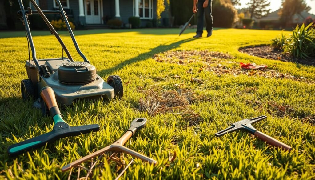 A lush lawn with vibrant green grass, marred by patches of lifeless, brown dead grass. In the foreground, a sturdy push lawn mower stands ready, its blades gleaming under the warm, golden sunlight. Surrounding it, various tools - a rake, a dethatching tool, and a pair of gardening gloves - await their purpose. In the middle ground, the homeowner carefully navigates the lawn, meticulously removing the dead grass, revealing the healthy, verdant carpet beneath. The background showcases a well-manicured garden, with thriving plants and a picturesque backdrop of a classic suburban home. The overall scene conveys a sense of diligence, determination, and the satisfaction of a well-maintained lawn.