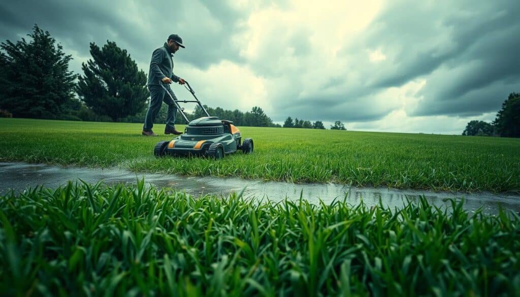 A lush, rain-soaked lawn stretches across the frame, the grass blades glistening with droplets. In the foreground, an electric lawn mower navigates the slick surface, its wheels slipping and sliding precariously. Ominous storm clouds loom in the distance, casting a moody, foreboding atmosphere. The operator, clad in rain gear, appears wary and cautious, understanding the heightened risks of this task. Pools of water dot the ground, creating hazardous conditions that could lead to electric shocks, loss of traction, and potential injury. The image conveys the tension and challenges of attempting to mow a wet lawn, highlighting the need for extra precautions and vigilance. A lush, rain-soaked lawn stretches across the frame, the grass blades glistening with droplets. In the foreground, an electric lawn mower navigates the slick surface, its wheels slipping and sliding precariously. Ominous storm clouds loom in the distance, casting a moody, foreboding atmosphere. The operator, clad in rain gear, appears wary and cautious, understanding the heightened risks of this task. Pools of water dot the ground, creating hazardous conditions that could lead to electric shocks, loss of traction, and potential injury. The image conveys the tension and challenges of attempting to mow a wet lawn, highlighting the need for extra precautions and vigilance.