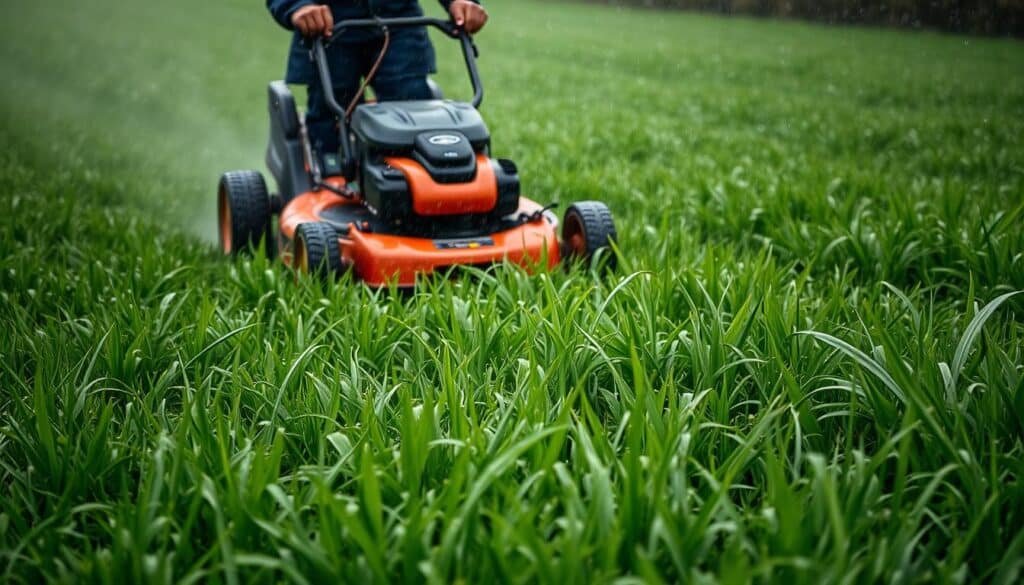 A lush, verdant lawn covered in glistening droplets as a lawn mower navigates the damp terrain. The scene is bathed in a soft, overcast light, casting a gentle, moody atmosphere. Blades of grass bend and sway as the mower's wheels leave behind a trail of freshly cut, damp foliage. The sound of the engine and the scent of the freshly mowed grass mingle together, creating a sensory experience. The mower's operator, clad in weatherproof gear, appears focused, their face partially obscured by the scene's hazy, atmospheric conditions. The overall impression conveys the challenges and realities of mowing a wet lawn, inviting the viewer to ponder the dilemma of whether it's advisable to do so. A lush, verdant lawn covered in glistening droplets as a lawn mower navigates the damp terrain. The scene is bathed in a soft, overcast light, casting a gentle, moody atmosphere. Blades of grass bend and sway as the mower's wheels leave behind a trail of freshly cut, damp foliage. The sound of the engine and the scent of the freshly mowed grass mingle together, creating a sensory experience. The mower's operator, clad in weatherproof gear, appears focused, their face partially obscured by the scene's hazy, atmospheric conditions. The overall impression conveys the challenges and realities of mowing a wet lawn, inviting the viewer to ponder the dilemma of whether it's advisable to do so.