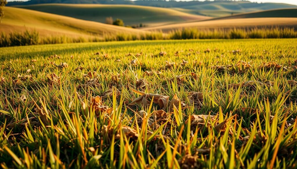 A lush, verdant lawn in Michigan, marred by patches of lifeless, brown grass. The foreground depicts the parched, dry blades, their once vibrant hues now faded to an unnatural, muted tone. Scattered across the middle ground, the dead grass spreads, creating an unsightly contrast against the surrounding healthy vegetation. In the background, the rolling hills of the Michigan landscape provide a serene, natural backdrop, hinting at the potential for a thriving, verdant lawn if the underlying issues are addressed. The scene is bathed in a warm, golden light, casting long shadows and emphasizing the stark divide between the living and the dead. A lens with a shallow depth of field further accentuates the focus on the problematic areas, inviting the viewer to examine the causes behind this environmental blight.