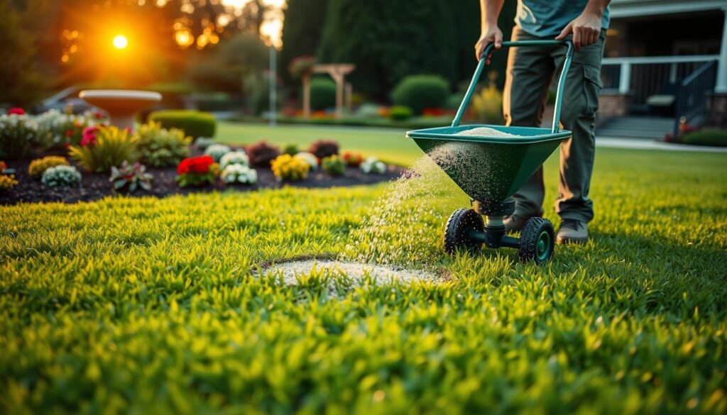 A lush, verdant lawn in the foreground, with a gardener meticulously spreading granular fertilizer across the grass using a handheld spreader. The mid-ground features a well-manicured garden, hinting at the care and attention given to the surrounding landscape. In the background, a warm, golden-hued sunset casts a gentle glow, evoking a sense of tranquility and the importance of timing in lawn care. The scene is captured with a shallow depth of field, emphasizing the focus on the fertilizer application process. Soft, diffused lighting illuminates the scene, creating a balanced and natural ambiance. A lush, verdant lawn in the foreground, with a gardener meticulously spreading granular fertilizer across the grass using a handheld spreader. The mid-ground features a well-manicured garden, hinting at the care and attention given to the surrounding landscape. In the background, a warm, golden-hued sunset casts a gentle glow, evoking a sense of tranquility and the importance of timing in lawn care. The scene is captured with a shallow depth of field, emphasizing the focus on the fertilizer application process. Soft, diffused lighting illuminates the scene, creating a balanced and natural ambiance.