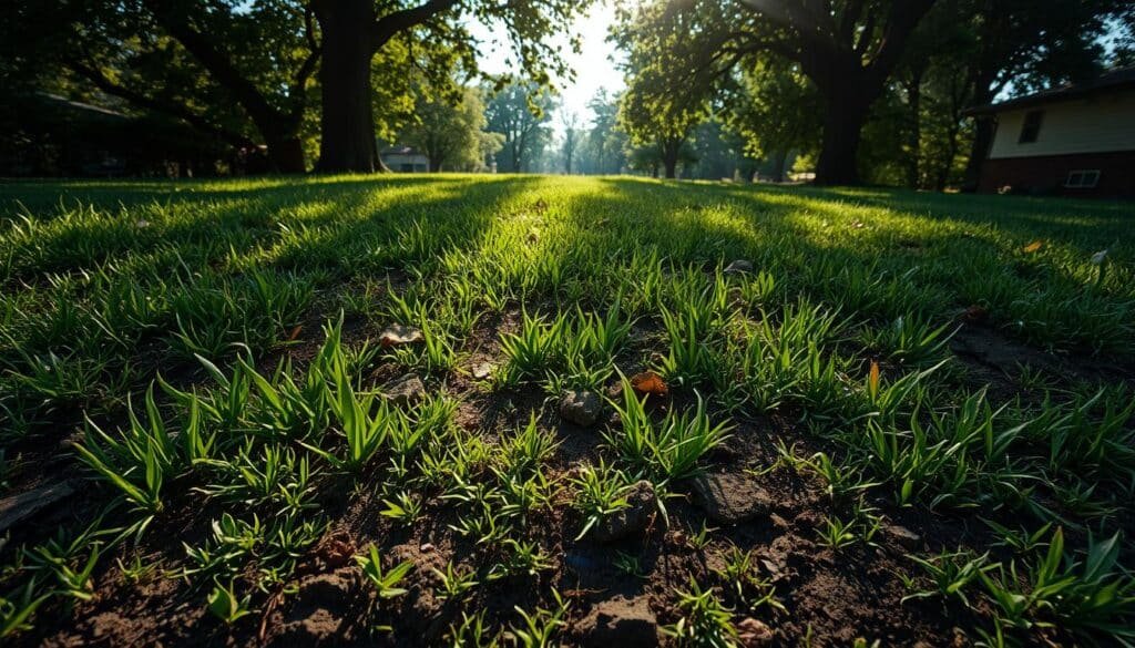 A lush, verdant lawn is marred by unsightly fungal disease, evident in the discolored patches and irregular growth patterns. The soil appears heavily compacted, with a dull, lifeless hue and an uneven surface. Sunlight filters through the canopy of overhanging trees, casting a dappled, moody atmosphere across the scene. The overall impression is one of neglect and hidden hazards, a cautionary tale of the consequences of improper lawn care practices. A lush, verdant lawn is marred by unsightly fungal disease, evident in the discolored patches and irregular growth patterns. The soil appears heavily compacted, with a dull, lifeless hue and an uneven surface. Sunlight filters through the canopy of overhanging trees, casting a dappled, moody atmosphere across the scene. The overall impression is one of neglect and hidden hazards, a cautionary tale of the consequences of improper lawn care practices.