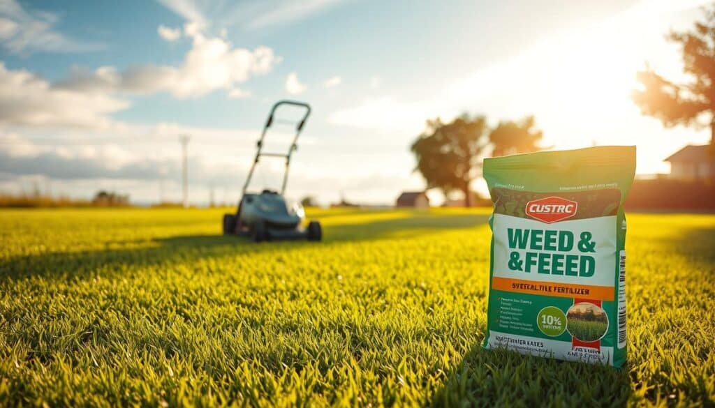 A lush, verdant lawn stretches out, its blades freshly trimmed by a modern, electric lawn mower. The mower's sleek, silver body glides effortlessly over the even terrain, leaving behind a neatly manicured surface. Warm, golden sunlight filters through wispy clouds, casting a soft, natural glow over the scene. In the foreground, a bag of weed and feed fertilizer stands ready, its label prominently displayed, signaling the next step in the lawn care process. The overall atmosphere is one of orderly, well-tended outdoor beauty, conveying the importance of proper lawn maintenance before applying the weed and feed treatment. A lush, verdant lawn stretches out, its blades freshly trimmed by a modern, electric lawn mower. The mower's sleek, silver body glides effortlessly over the even terrain, leaving behind a neatly manicured surface. Warm, golden sunlight filters through wispy clouds, casting a soft, natural glow over the scene. In the foreground, a bag of weed and feed fertilizer stands ready, its label prominently displayed, signaling the next step in the lawn care process. The overall atmosphere is one of orderly, well-tended outdoor beauty, conveying the importance of proper lawn maintenance before applying the weed and feed treatment.