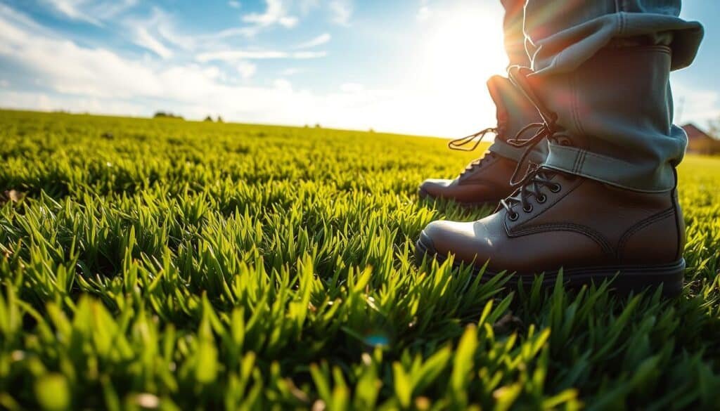 A lush, verdant lawn stretches out, its fresh sod gently undulating in the afternoon breeze. In the foreground, a pair of sturdy boots press down, testing the stability and resilience of the newly laid turf. Sunlight filters through wispy clouds, casting a warm, natural glow over the scene. The camera captures the moment at a low angle, emphasizing the texture and hue of the sod, as well as the careful examination of its integrity. This image aims to illustrate the crucial steps involved in assessing the readiness of new sod for its first mowing, a key milestone in the establishment of a healthy, thriving lawn. A lush, verdant lawn stretches out, its fresh sod gently undulating in the afternoon breeze. In the foreground, a pair of sturdy boots press down, testing the stability and resilience of the newly laid turf. Sunlight filters through wispy clouds, casting a warm, natural glow over the scene. The camera captures the moment at a low angle, emphasizing the texture and hue of the sod, as well as the careful examination of its integrity. This image aims to illustrate the crucial steps involved in assessing the readiness of new sod for its first mowing, a key milestone in the establishment of a healthy, thriving lawn.