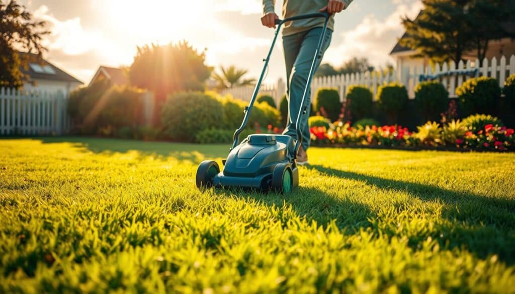A lush, verdant lawn with freshly laid sod, illuminated by warm, golden sunlight filtering through wispy clouds. In the foreground, a person diligently mowing the lawn, pushing a well-maintained, propeller-style lawn mower with precise, measured strokes. The mower's blades glide effortlessly through the soft, vibrant grass, leaving a neat, even pattern in its wake. The background features a picturesque suburban setting, with neatly trimmed hedges, a picket fence, and a well-manicured garden in the distance. The overall scene conveys a sense of tranquility, efficiency, and the pride of a newly established, healthy lawn. A lush, verdant lawn with freshly laid sod, illuminated by warm, golden sunlight filtering through wispy clouds. In the foreground, a person diligently mowing the lawn, pushing a well-maintained, propeller-style lawn mower with precise, measured strokes. The mower's blades glide effortlessly through the soft, vibrant grass, leaving a neat, even pattern in its wake. The background features a picturesque suburban setting, with neatly trimmed hedges, a picket fence, and a well-manicured garden in the distance. The overall scene conveys a sense of tranquility, efficiency, and the pride of a newly established, healthy lawn.