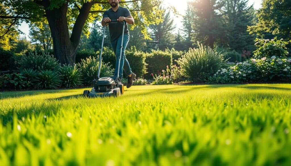 A lush, vibrant bermuda grass lawn stretches across the frame, its blades gently swaying in the warm breeze. In the foreground, a skilled gardener carefully guides a precision lawnmower, meticulously trimming the grass to the optimal height for the current season. Dappled sunlight filters through the trees, casting a soft, golden glow over the scene. In the background, verdant shrubs and flowering plants frame the idyllic outdoor setting, creating a harmonious balance of manicured lawn and natural elements. The overall mood is one of tranquility and expert horticultural care, reflecting the importance of tailoring bermuda grass maintenance to the changing seasons. A lush, vibrant bermuda grass lawn stretches across the frame, its blades gently swaying in the warm breeze. In the foreground, a skilled gardener carefully guides a precision lawnmower, meticulously trimming the grass to the optimal height for the current season. Dappled sunlight filters through the trees, casting a soft, golden glow over the scene. In the background, verdant shrubs and flowering plants frame the idyllic outdoor setting, creating a harmonious balance of manicured lawn and natural elements. The overall mood is one of tranquility and expert horticultural care, reflecting the importance of tailoring bermuda grass maintenance to the changing seasons.