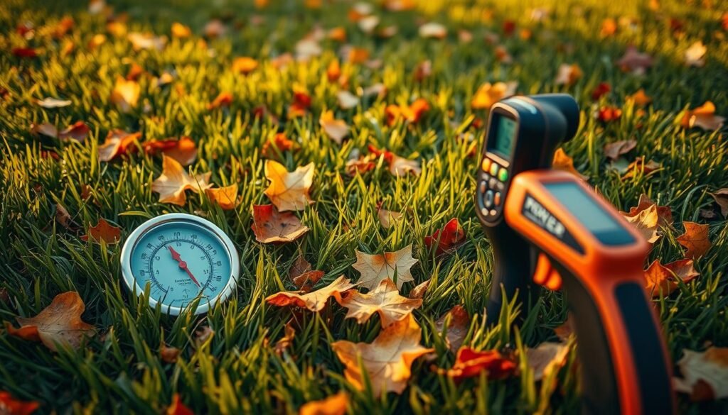 A lush, vibrant lawn in the golden hues of autumn, with fallen leaves scattered across the surface. In the foreground, various temperature indicators emerge - a traditional mercury thermometer nestled among the grass, a digital display showcasing the crisp, cooler readings, and a carefully placed infrared thermometer capturing the ground's surface temperature. The lighting is soft and diffused, creating a warm, contemplative atmosphere as the scene hints at the waning days of the mowing season. Captured from a low angle, the image invites the viewer to pause and reflect on the subtle signs that signal the transition into winter. A lush, vibrant lawn in the golden hues of autumn, with fallen leaves scattered across the surface. In the foreground, various temperature indicators emerge - a traditional mercury thermometer nestled among the grass, a digital display showcasing the crisp, cooler readings, and a carefully placed infrared thermometer capturing the ground's surface temperature. The lighting is soft and diffused, creating a warm, contemplative atmosphere as the scene hints at the waning days of the mowing season. Captured from a low angle, the image invites the viewer to pause and reflect on the subtle signs that signal the transition into winter.