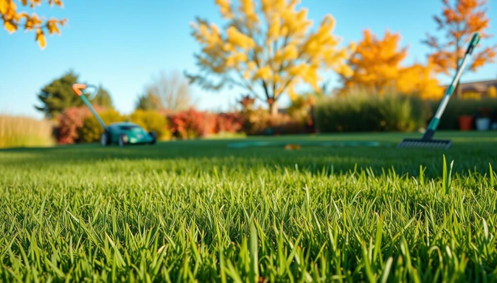 A lush, well-manicured lawn in the midst of seasonal transitions. In the foreground, a freshly mowed expanse of vibrant green grass, its blades gently swaying in a soft breeze. The middle ground features a variety of seasonal lawn care tools - a lawn mower, a hose, and a rake - neatly arranged, ready for the gardener's use. In the background, a blend of autumn foliage and a clear, azure sky create a serene, picturesque backdrop. The lighting is soft and natural, casting long shadows and highlighting the textures of the grass and foliage. The overall scene conveys a sense of balance, organization, and the rhythmic cycle of lawn care throughout the changing seasons. A lush, well-manicured lawn in the midst of seasonal transitions. In the foreground, a freshly mowed expanse of vibrant green grass, its blades gently swaying in a soft breeze. The middle ground features a variety of seasonal lawn care tools - a lawn mower, a hose, and a rake - neatly arranged, ready for the gardener's use. In the background, a blend of autumn foliage and a clear, azure sky create a serene, picturesque backdrop. The lighting is soft and natural, casting long shadows and highlighting the textures of the grass and foliage. The overall scene conveys a sense of balance, organization, and the rhythmic cycle of lawn care throughout the changing seasons.