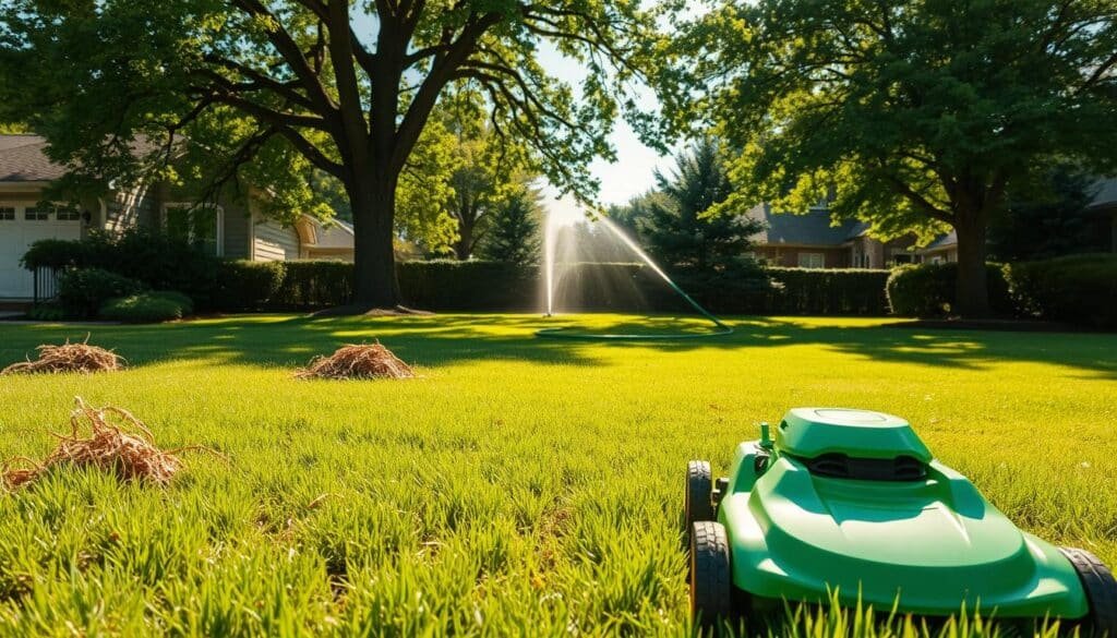 A lush, well-manicured lawn lies waiting, the grass blades neatly trimmed and the soil exposed. In the foreground, a bright green lawn mower stands ready, its blades gleaming in the warm afternoon sun. Surrounding it, scattered piles of thatch and debris hint at the recent dethatching process, preparing the lawn for optimal aeration. In the middle ground, a hose snakes across the lawn, its stream of water gently saturating the soil, priming it for the upcoming aeration. Tall, verdant trees frame the scene, casting dappled shadows that dance across the grass, creating a serene and inviting atmosphere. A classic suburban landscape, the image conveys the importance of meticulous pre-aeration preparation for a lush, healthy lawn. A lush, well-manicured lawn lies waiting, the grass blades neatly trimmed and the soil exposed. In the foreground, a bright green lawn mower stands ready, its blades gleaming in the warm afternoon sun. Surrounding it, scattered piles of thatch and debris hint at the recent dethatching process, preparing the lawn for optimal aeration. In the middle ground, a hose snakes across the lawn, its stream of water gently saturating the soil, priming it for the upcoming aeration. Tall, verdant trees frame the scene, casting dappled shadows that dance across the grass, creating a serene and inviting atmosphere. A classic suburban landscape, the image conveys the importance of meticulous pre-aeration preparation for a lush, healthy lawn.