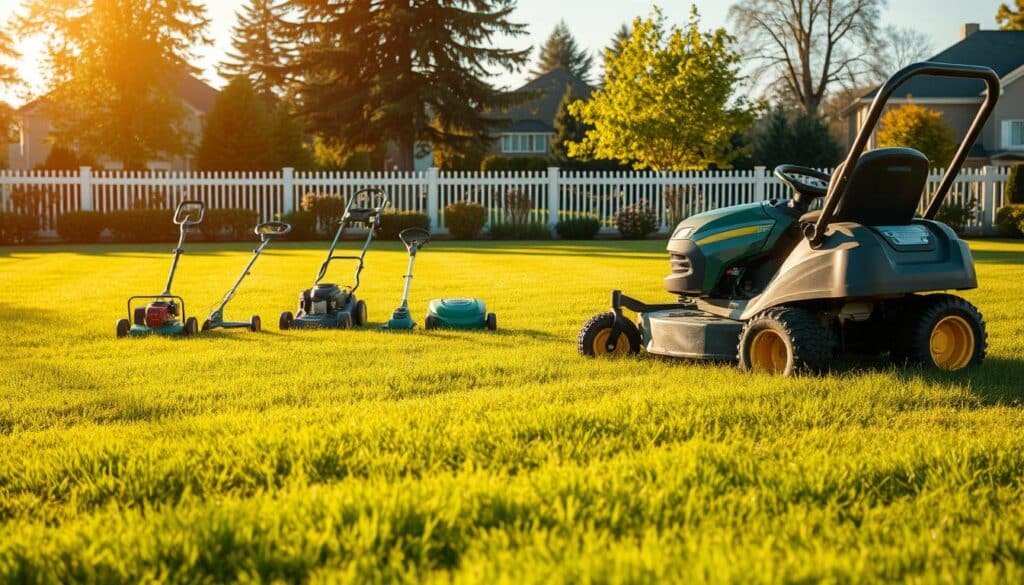 A lush, well-manicured lawn with a riding lawn mower in the foreground, expertly navigating across the grass. The mower's blades glint in the warm afternoon sunlight, leaving behind a neatly striped pattern. In the middle ground, a selection of lawn care tools, including a push mower, edger, and trimmer, are arranged neatly, suggesting a variety of strategies for efficient mowing. The background features a picturesque suburban setting, with tall trees and a well-maintained fence, creating a sense of tranquility and order. The overall scene conveys a harmonious and organized approach to lawn maintenance, inspiring the viewer to optimize their own mowing time and techniques. A lush, well-manicured lawn with a riding lawn mower in the foreground, expertly navigating across the grass. The mower's blades glint in the warm afternoon sunlight, leaving behind a neatly striped pattern. In the middle ground, a selection of lawn care tools, including a push mower, edger, and trimmer, are arranged neatly, suggesting a variety of strategies for efficient mowing. The background features a picturesque suburban setting, with tall trees and a well-maintained fence, creating a sense of tranquility and order. The overall scene conveys a harmonious and organized approach to lawn maintenance, inspiring the viewer to optimize their own mowing time and techniques.