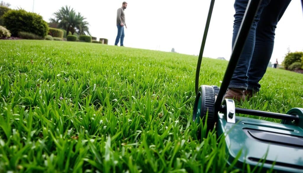 A lush, well-manicured lawn with dark green grass, dotted with wet, clumped blades after a recent rain. In the foreground, a push lawn mower stands idle, its metal blades glistening. The middle ground features a person in casual attire, observing the lawn, considering the best approach to mowing without damaging the turf or their equipment. The background depicts a bright, overcast sky, with soft, diffused light falling evenly across the scene. The overall mood is one of contemplation and care, as the person seeks to maintain the health and appearance of their lawn in the aftermath of wet conditions. A lush, well-manicured lawn with dark green grass, dotted with wet, clumped blades after a recent rain. In the foreground, a push lawn mower stands idle, its metal blades glistening. The middle ground features a person in casual attire, observing the lawn, considering the best approach to mowing without damaging the turf or their equipment. The background depicts a bright, overcast sky, with soft, diffused light falling evenly across the scene. The overall mood is one of contemplation and care, as the person seeks to maintain the health and appearance of their lawn in the aftermath of wet conditions.