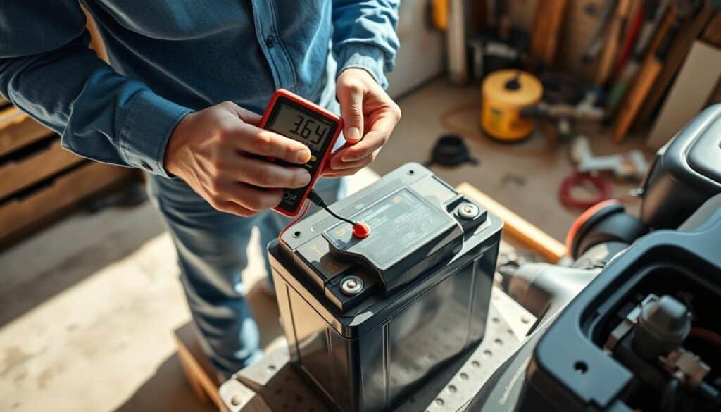 A man in a blue shirt and jeans holds a digital multimeter, measuring the voltage on the terminals of a lawn mower battery. The battery sits on a workbench, with various tools and parts surrounding it. Bright, natural lighting illuminates the scene, casting shadows that add depth and dimension. The camera angle is slightly elevated, providing a clear view of the multimeter's display and the battery. The overall mood is one of focused, technical examination, with a sense of care and precision in the man's actions. A man in a blue shirt and jeans holds a digital multimeter, measuring the voltage on the terminals of a lawn mower battery. The battery sits on a workbench, with various tools and parts surrounding it. Bright, natural lighting illuminates the scene, casting shadows that add depth and dimension. The camera angle is slightly elevated, providing a clear view of the multimeter's display and the battery. The overall mood is one of focused, technical examination, with a sense of care and precision in the man's actions.