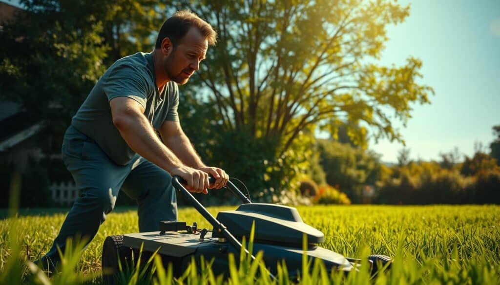 A man mowing his lush green lawn under warm, golden afternoon sunlight. In the foreground, his muscular arms push the lawn mower, sweat glistening on his brow. In the middle ground, a sense of focused determination as he navigates the uneven terrain. In the background, a verdant garden and a clear blue sky, conveying a serene, rejuvenating atmosphere. The scene exudes a sense of physical exertion, mental clarity, and the personal satisfaction of maintaining one's own outdoor space. Cinematic angles and shallow depth of field emphasize the subject's physicality and the tranquil setting.