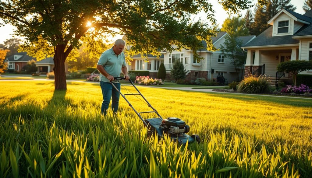 A man standing in a lush, well-manicured lawn, his electric lawn mower humming as he carefully navigates between the vibrant green blades. The sun's golden rays filter through the trees, casting a warm glow over the scene. His face is focused, brow furrowed in concentration, as he expertly guides the mower, leaving behind a trail of neatly trimmed grass. The air is filled with the fresh, earthy scent of the lawn, and the gentle breeze rustles the leaves overhead. In the background, a picturesque suburban neighborhood, with well-kept gardens and a sense of tranquility. The man's posture is relaxed, yet purposeful, as he takes pride in the task at hand, savoring the satisfaction of maintaining his personal outdoor oasis. A man standing in a lush, well-manicured lawn, his electric lawn mower humming as he carefully navigates between the vibrant green blades. The sun's golden rays filter through the trees, casting a warm glow over the scene. His face is focused, brow furrowed in concentration, as he expertly guides the mower, leaving behind a trail of neatly trimmed grass. The air is filled with the fresh, earthy scent of the lawn, and the gentle breeze rustles the leaves overhead. In the background, a picturesque suburban neighborhood, with well-kept gardens and a sense of tranquility. The man's posture is relaxed, yet purposeful, as he takes pride in the task at hand, savoring the satisfaction of maintaining his personal outdoor oasis.