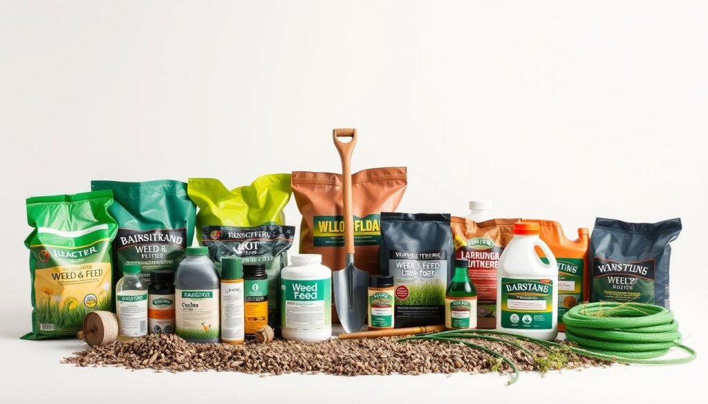 A meticulously arranged display of various types of weed and feed products, showcased against a clean, minimalist background. The foreground features an assortment of bags, bottles, and containers, each labeled with their respective contents and instructions. The middle ground includes a selection of gardening tools, such as a hand trowel and a garden hose, hinting at the practical application of these products. The background is bathed in a soft, diffused lighting, creating a sense of depth and emphasizing the crisp, detailed textures of the materials. The overall composition conveys a sense of organization, professionalism, and the importance of understanding the different weed and feed options available for lawn care. A meticulously arranged display of various types of weed and feed products, showcased against a clean, minimalist background. The foreground features an assortment of bags, bottles, and containers, each labeled with their respective contents and instructions. The middle ground includes a selection of gardening tools, such as a hand trowel and a garden hose, hinting at the practical application of these products. The background is bathed in a soft, diffused lighting, creating a sense of depth and emphasizing the crisp, detailed textures of the materials. The overall composition conveys a sense of organization, professionalism, and the importance of understanding the different weed and feed options available for lawn care.