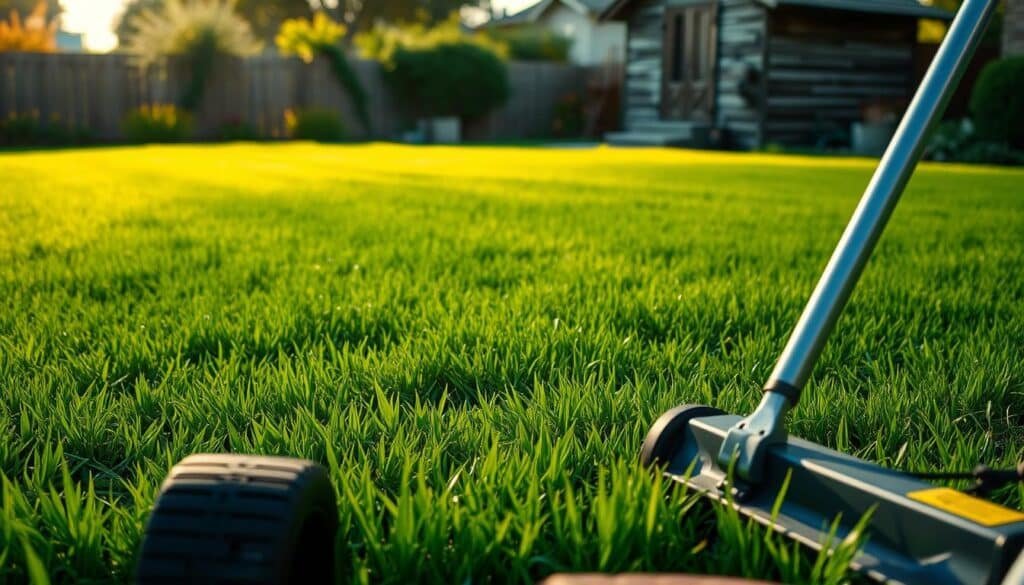 A meticulously manicured lawn, the centerpiece of a serene suburban scene. In the foreground, a lawn mower stands ready, its blades gleaming in the warm afternoon light. In the middle ground, verdant grass undulates gently, its emerald hue a testament to careful tending. In the background, a weathered wooden shed casts a soft shadow, hinting at the tools and products needed to maintain this verdant oasis. The composition evokes a sense of harmony, where the act of mowing and fertilizing coexist in a delicate balance, creating a lush, vibrant landscape. Soft, diffused lighting envelops the scene, lending an air of contemplation and tranquility. A meticulously manicured lawn, the centerpiece of a serene suburban scene. In the foreground, a lawn mower stands ready, its blades gleaming in the warm afternoon light. In the middle ground, verdant grass undulates gently, its emerald hue a testament to careful tending. In the background, a weathered wooden shed casts a soft shadow, hinting at the tools and products needed to maintain this verdant oasis. The composition evokes a sense of harmony, where the act of mowing and fertilizing coexist in a delicate balance, creating a lush, vibrant landscape. Soft, diffused lighting envelops the scene, lending an air of contemplation and tranquility.