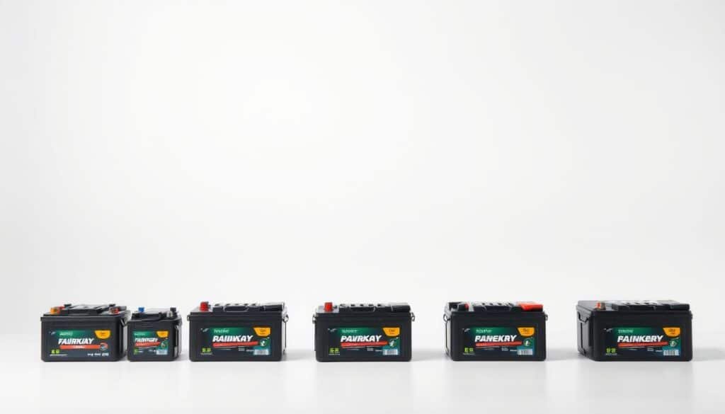 A neatly organized display of various lawn mower battery types, set against a clean, neutral background. The batteries are arranged in a row, with each type clearly visible and labeled. Crisp, natural lighting illuminates the scene, showcasing the subtle differences in shape, size, and color between the battery models. The image conveys a sense of informative comparison, allowing the viewer to easily discern the unique characteristics of each battery type. The overall tone is professional and educational, suitable for inclusion in a technical article about lawn mower battery performance and selection.