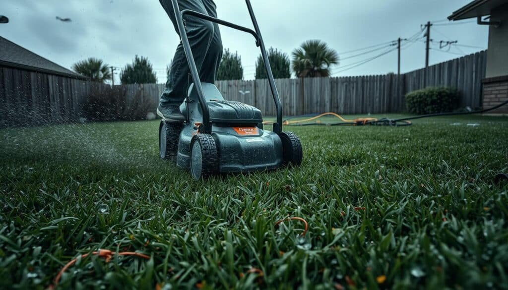 A rain-soaked backyard, the grass glistening with droplets. In the foreground, a person mowing the lawn, their feet sliding on the wet ground, creating a treacherous situation. The lawnmower's metal blades spin dangerously close to the worker's legs, posing a severe risk of injury. In the middle ground, power cables and extension cords sprawled across the damp surface, heightening the potential for electrocution. The overcast sky casts a somber, ominous mood, emphasizing the personal safety hazards inherent in this scenario. Captured with a wide-angle lens, this image aims to convey the importance of safety considerations when mowing a lawn after rainfall.